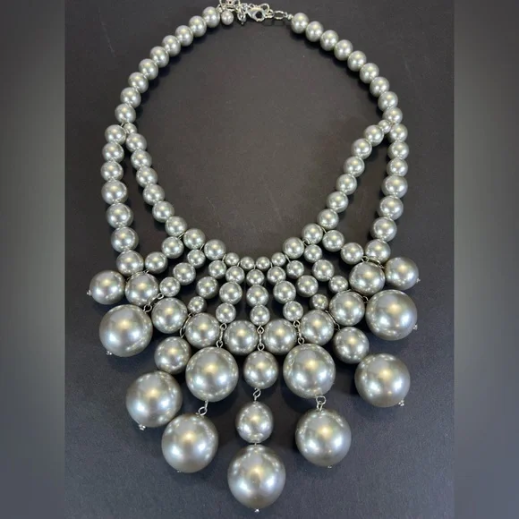 New Satin Silver Multi Layer Necklace with Cascading Faux Pearls - Picture 2 of 6
